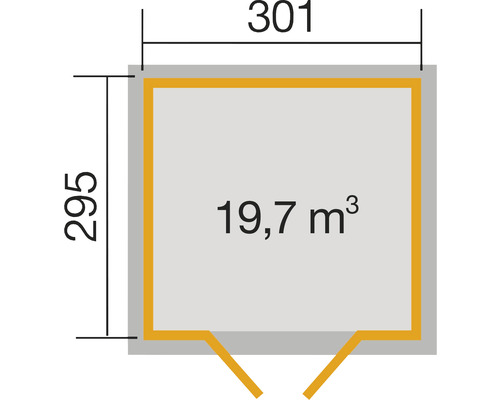 Abbildung mit Massangaben: 295 x 301 Zentimeter und 19,7 Kubikmeter Rauminhalt