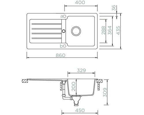 Technische Zeichnung einer Küchenspüle mit Maßangaben.