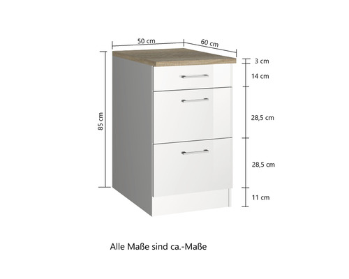 Küchenunterschrank mit drei Schubladen und Arbeitsplatte, Maße sind dargestellt