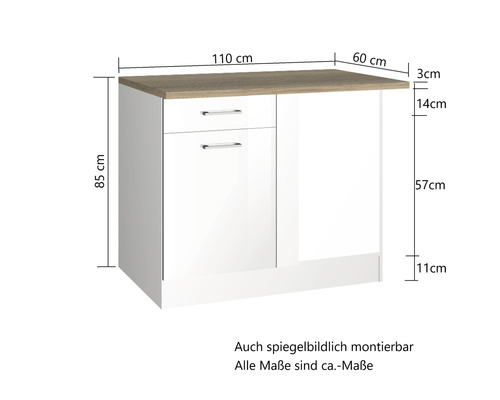 Küchenunterschrank mit Schublade und Tür, Abmessungen dargestellt