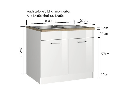 Waschbeckenunterschrank mit Spüle und Maßangaben