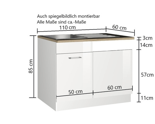 Waschbeckenunterschrank mit Waschbecken und Massangaben