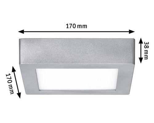 Quadratische Deckenleuchte mit den Massen 170 x 170 x 38 Millimeter.