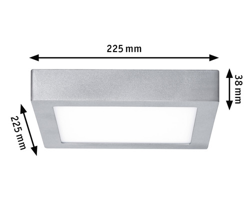 Quadratische LED Deckenleuchte mit den Maßen 225 x 225 x 38 Millimeter.