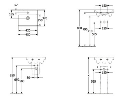 Technische Zeichnung eines Waschtischs mit Maßangaben