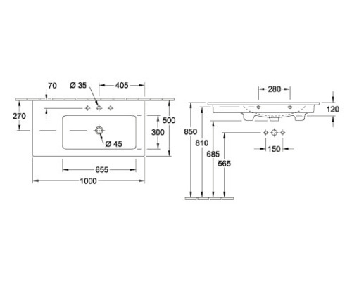 Technische Zeichnung eines Waschtisches mit Maßen