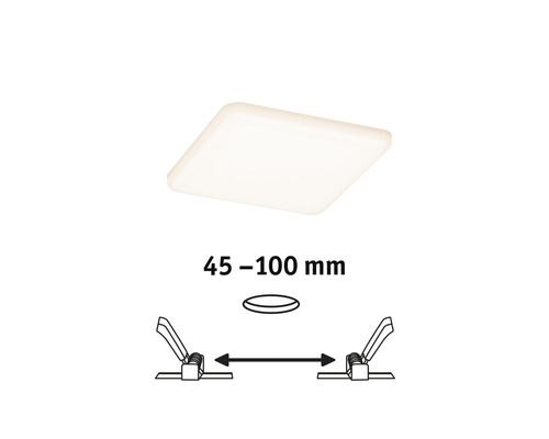 Illustration einer quadratischen Deckenleuchte mit Installationshinweis für einen Deckenausschnitt von 45 bis 100 Millimeter.