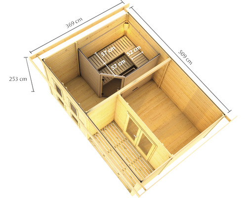 Plan d''une sauna en bois avec indications de dimensions