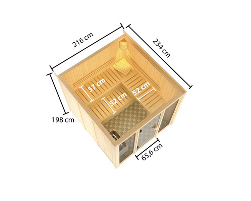 Ansicht der Sauna mit Massangaben