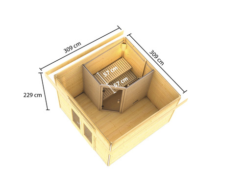 Image d''un sauna en bois avec des dimensions de 309 x 229 centimètres et un sauna intérieur avec des bancs