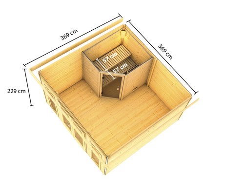 Vue de dessus de la maison de jardin avec sauna et les dimensions 369 sur 369 sur 229 centimètres