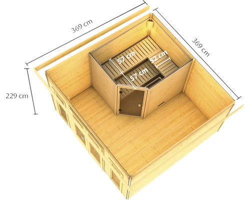 Illustration einer Gartensauna mit den Massen 369 mal 369 mal 229 Zentimeter.