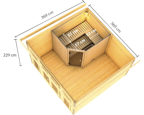 Vue de dessus d''un sauna de jardin mesurant 369 sur 369 sur 229 centimètres.