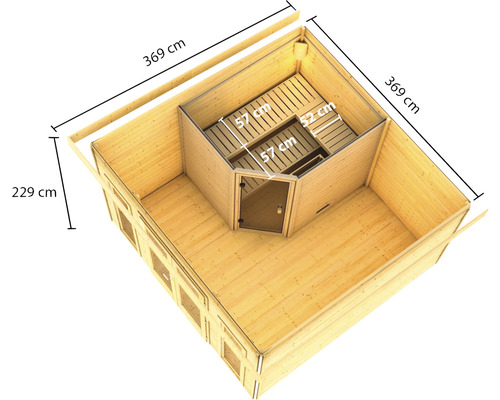 Draufsicht eines Holzhauses mit Sauna und den Massangaben 369 cm, 229 cm, 57 cm und 52 cm