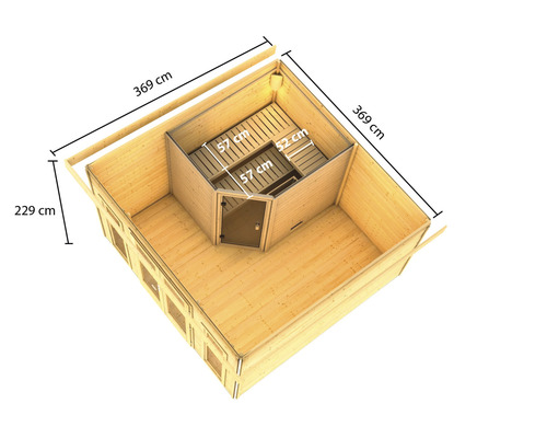 Draufsicht einer Gartensauna mit den Maßen 369 mal 369 mal 229 Zentimeter.