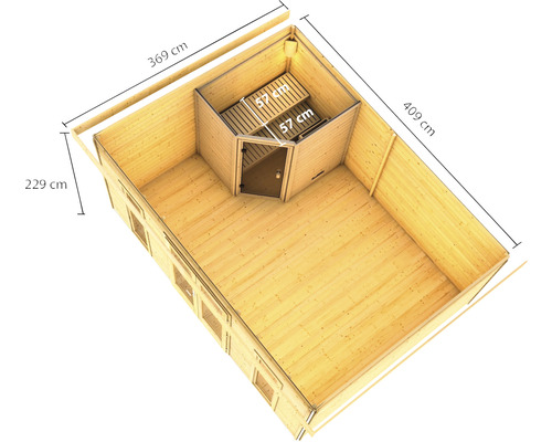Detaillierte Ansicht eines Holzgartenhauses mit integrierter Sauna und Maßangaben