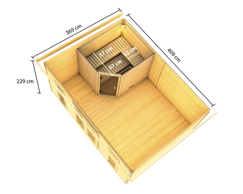 Draufsicht einer Blockbohlensauna mit Massangaben der Aussenwände und des Innenraums