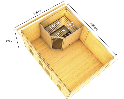 Vue intérieure d''un sauna de jardin mesurant 369 cm x 409 cm x 229 cm