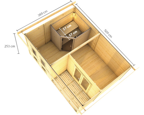 Grundriss eines Holzhauses mit Sauna und Abmessungen