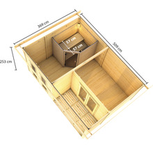 Plan d''une maison en bois avec sauna et les dimensions 369 cm de long, 509 cm de large et 253 cm de haut.