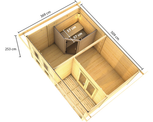 Plan d''une cabane de jardin en bois avec sauna, dimensions 369 x 509 x 253 cm
