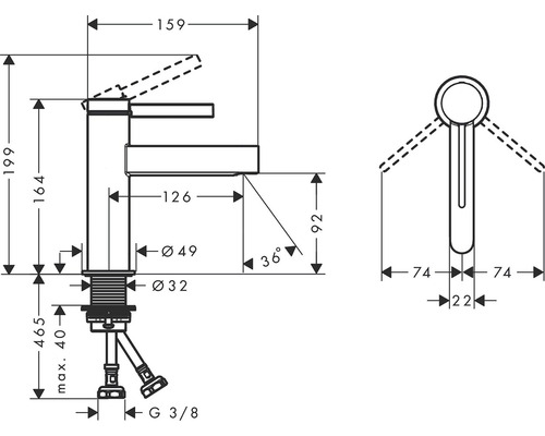 Technische Zeichnung einer Armatur mit Maßangaben