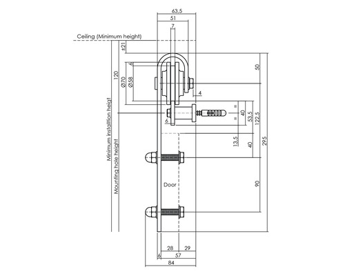 Schéma technique d''une fixation de porte coulissante avec indications de dimensions pour montage au plafond, porte et trous de montage