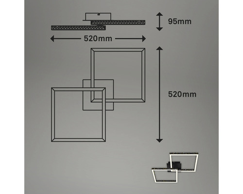 Abmessungen einer Deckenleuchte mit quadratischem Design und LED-Beleuchtung