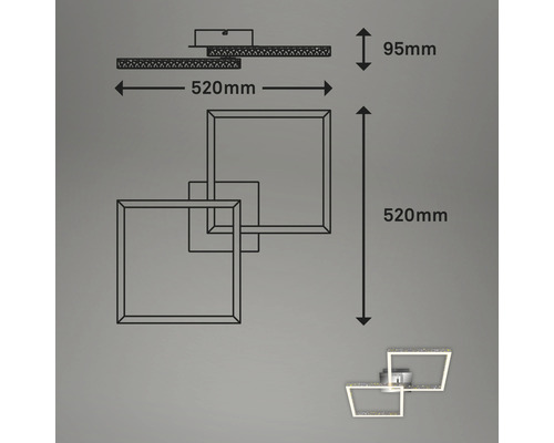 Abmessungen einer quadratischen LED Deckenleuchte, Länge 520 Millimeter