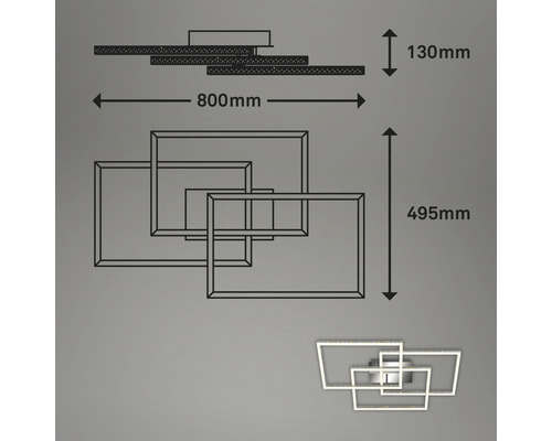 Zeichnung einer Deckenleuchte mit quadratischem Design und Abmessungen