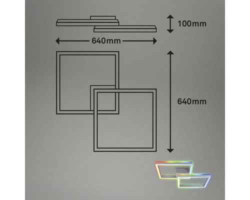 Dimensions d''un plafonnier au design carré, largeur 640 mm, hauteur 640 mm, profondeur 100 mm.