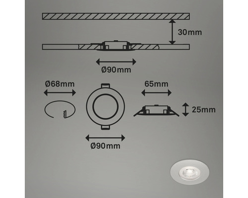 Technische Zeichnung einer Einbauleuchte mit Maßangaben