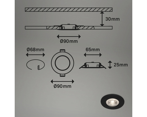 Schéma technique d'un spot encastrable au plafond avec indications de dimensions