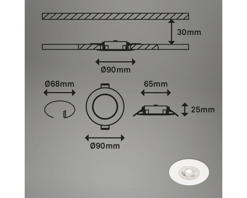 Schéma technique d''un spot encastrable avec dimensions