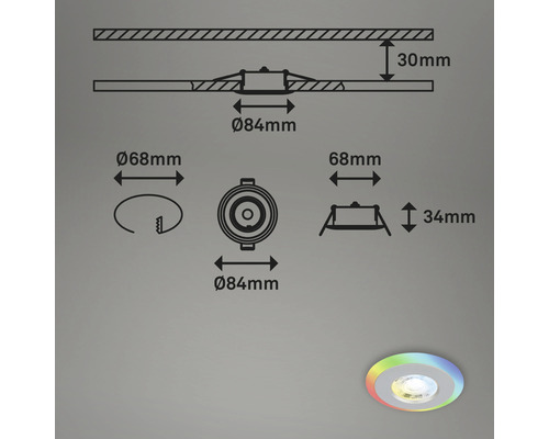 Technische Zeichnung von Einbaustrahler mit farbigen LED Ring und Maßangaben