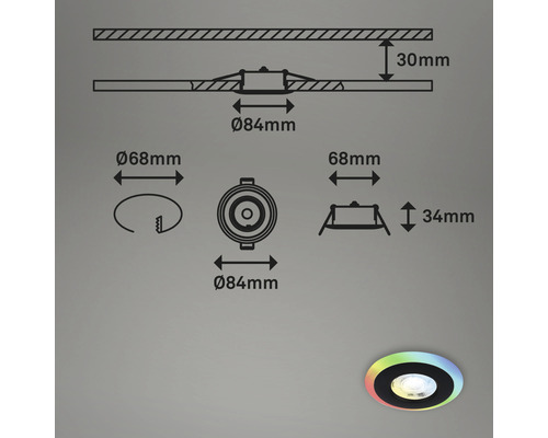 Technische Zeichnung einer Einbauleuchte mit Maßangaben