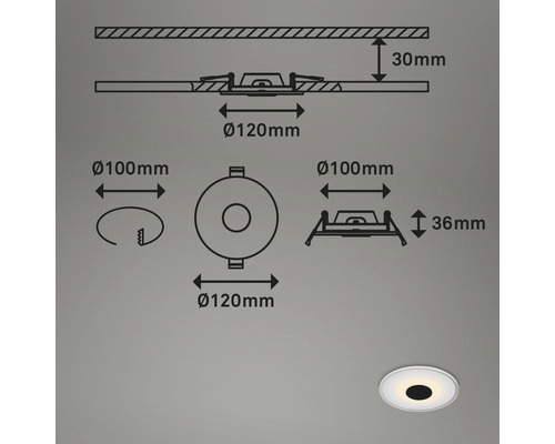 Schéma technique d'un spot LED rond encastrable avec dimensions