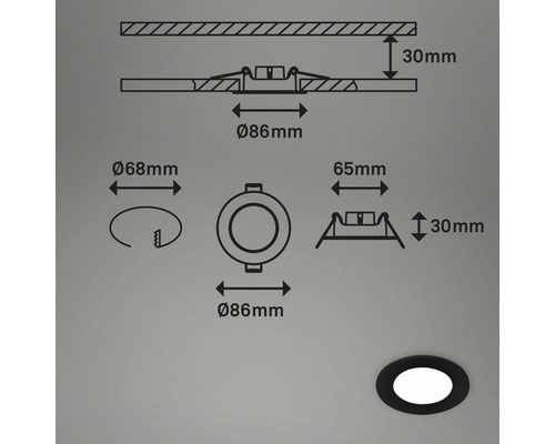 Dessin technique d'un spot encastrable rond avec indications de dimensions