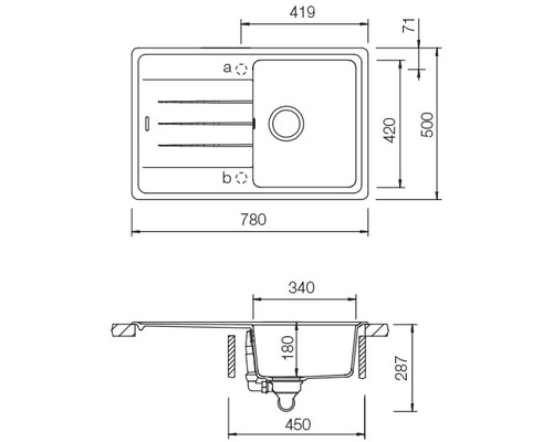 Zeichnung einer Küchenspüle mit Maßangaben
