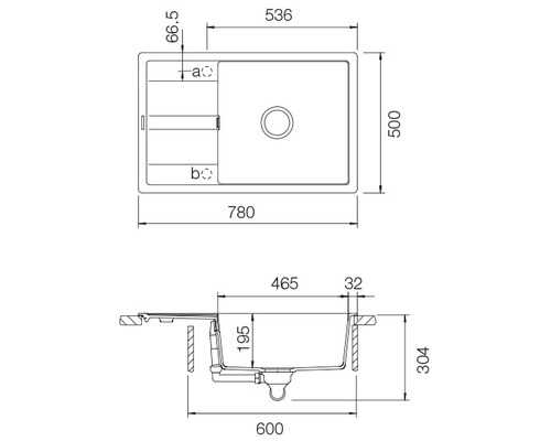 Technische Zeichnung einer Küchenspüle mit Maßangaben