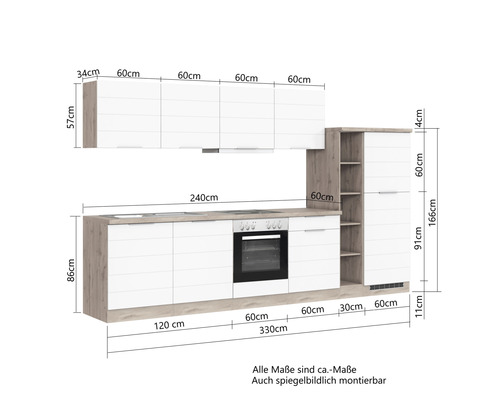 Cuisine équipée avec éléments hauts et bas et four intégré avec indication des dimensions