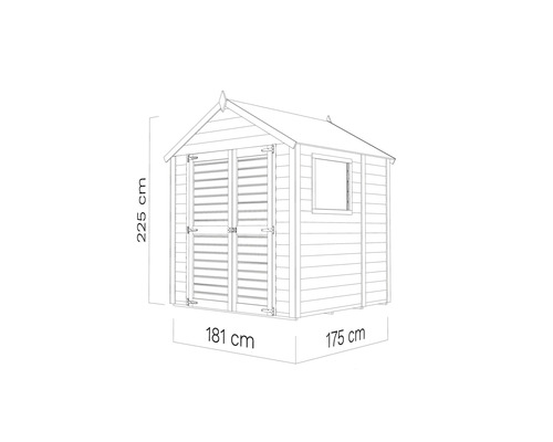 Image d''une cabane de jardin avec les dimensions suivantes : 225 cm de hauteur, 181 cm de largeur et 175 cm de profondeur.