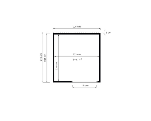 Plan avec dimensions : 240 cm de hauteur, 226 cm de largeur, surface de 5,1 mètres carrés