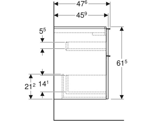 Masszeichnung eines Badezimmerunterschranks mit Schubladen