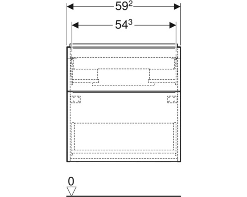 Technische Zeichnung eines Badezimmerunterschranks mit Maßangaben
