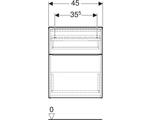 Schéma technique d''un meuble bas de salle de bain avec des dimensions de 45 et 35,5 centimètres.