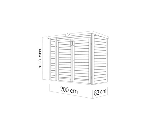 Armoire de jardin avec des dimensions de 163 cm de hauteur, 200 cm de largeur et 82 cm de profondeur.