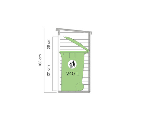 Darstellung der Abmessungen eines Mülltonnenhauses mit einer 240 Liter Mülltonne