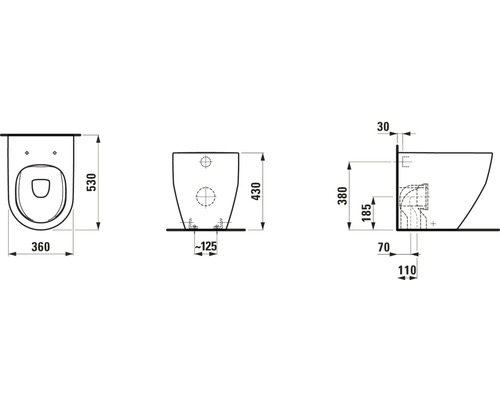Technische Zeichnung eines wandhängenden WCs mit Massangaben
