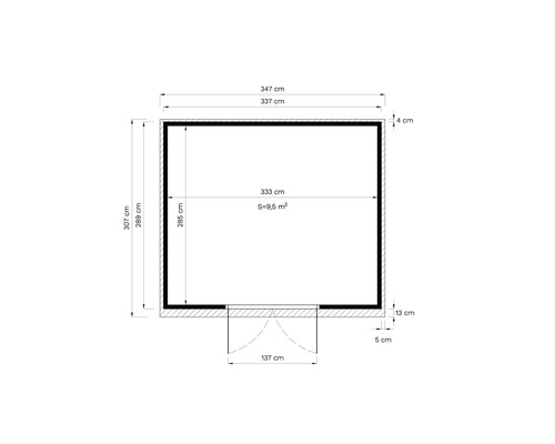 Plan d''un abri de jardin avec des dimensions de 347 sur 307 centimètres, dimensions extérieures